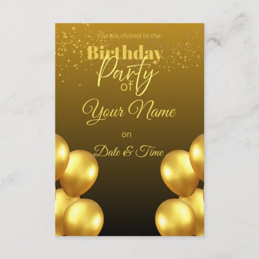 Invitation d'anniversaire avec ballons dorés luxue (Devant)