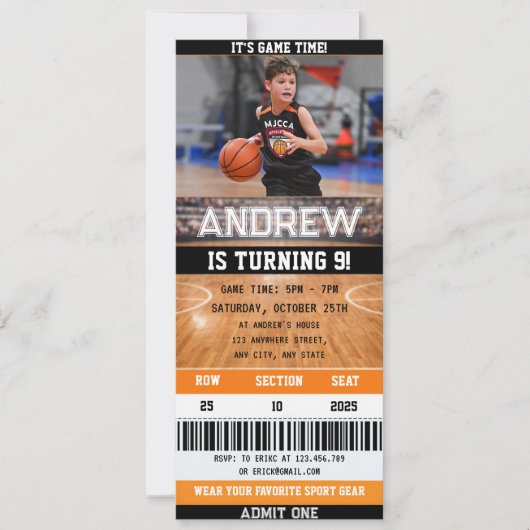 Invitation d'anniversaire avec billet de basketbal (Devant)