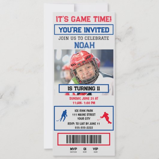 Invitation d'anniversaire avec billet de hockey gr (Devant)
