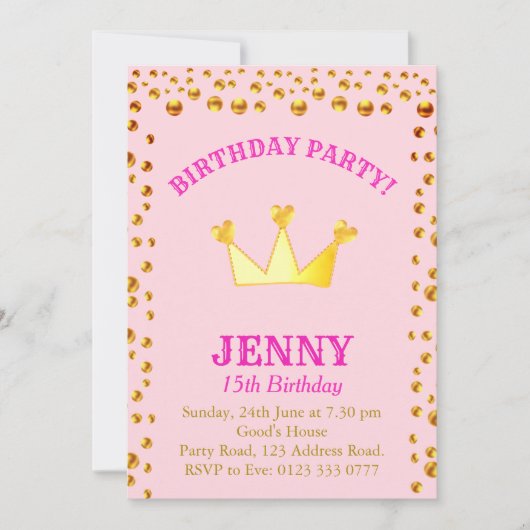 Invitation d'anniversaire avec confettis dorés et  (Devant)