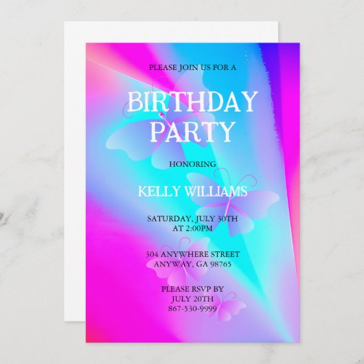 Invitation d'anniversaire avec des papillons (Devant / Derrière)