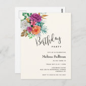 Invitation d'anniversaire avec des roses roses, or (Devant / Derrière)