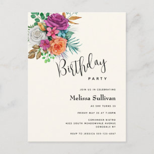 Invitation d'anniversaire avec des roses roses, or