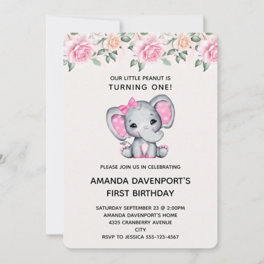Invitation d'anniversaire avec éléphant rose et bo (Devant)