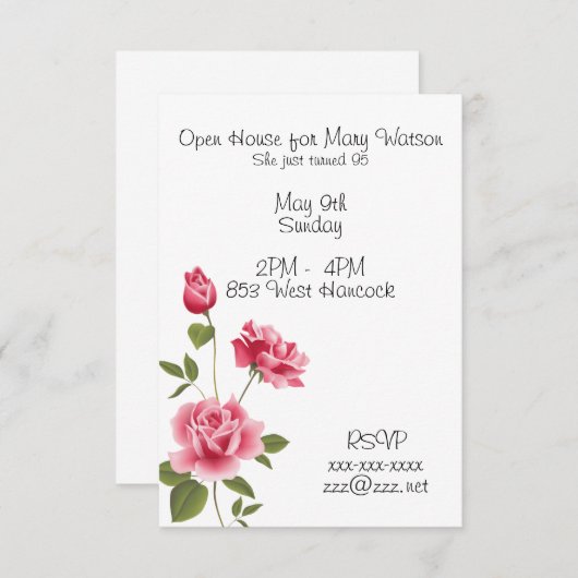 Invitation d'anniversaire avec les roses roses (Devant / Derrière)