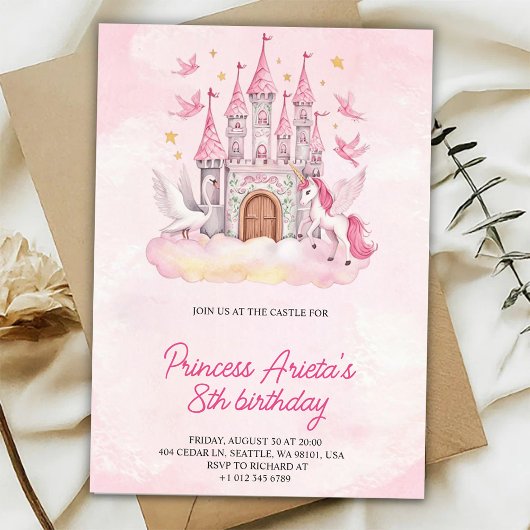 Invitation d'anniversaire avec un château rose