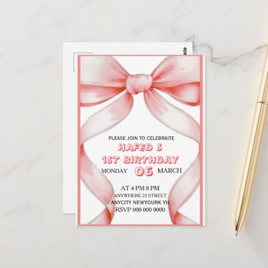 Invitation d'anniversaire avec un nœud rose, Invit (Devant/Arrière en situation)