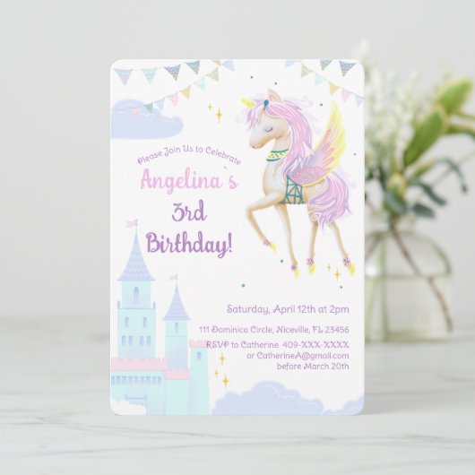 Invitation d'anniversaire avec une adorable licorn (Debout devant)