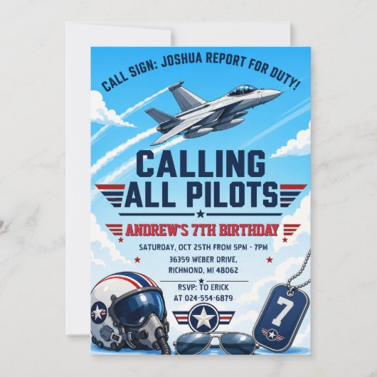 Invitation d'anniversaire avion de combat pour enf (Devant)