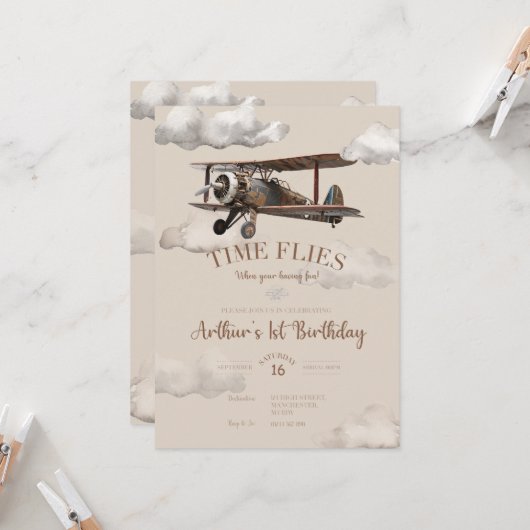 Invitation d'anniversaire avion Temps qui passe (Devant/Arrière en situation)