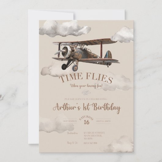 Invitation d'anniversaire avion Time Flies (Devant)