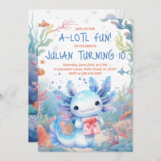 Invitation d'anniversaire Axolotl (Devant / Derrière)