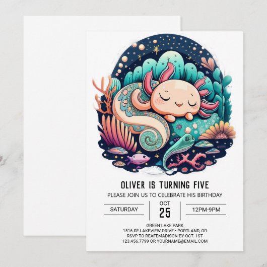 Invitation d'anniversaire Axolotl (Devant / Derrière)