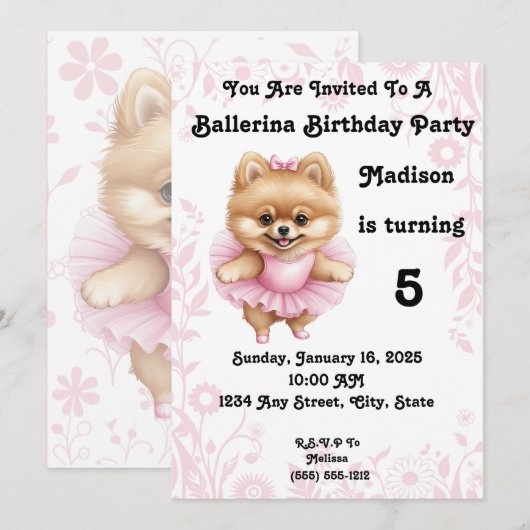 Invitation d'anniversaire Ballerina personnalisabl (Devant / Derrière)