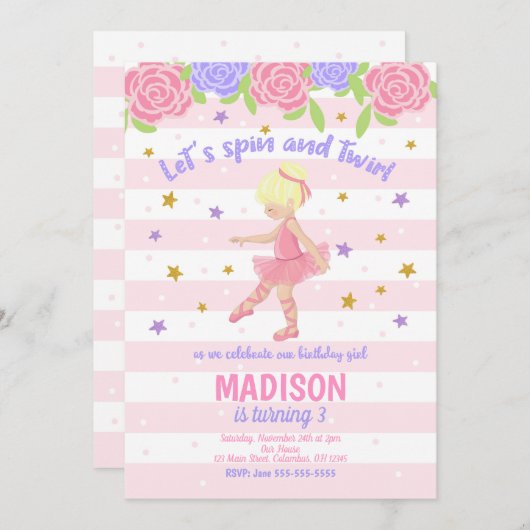 Invitation d'anniversaire Ballerina / Tutu Invitat (Devant / Derrière)