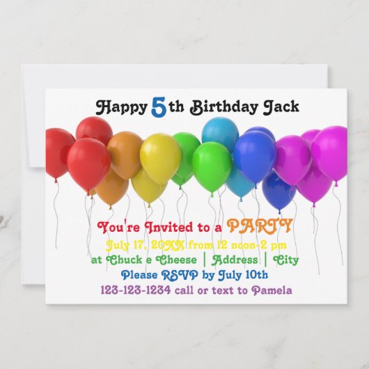 Invitation d'anniversaire Ballons Arc-en-ciel (Devant)