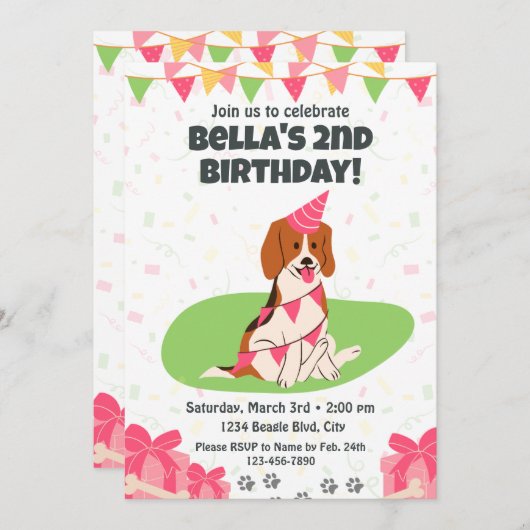 Invitation d'anniversaire beagle (Devant / Derrière)