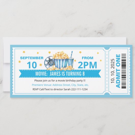 Invitation d'anniversaire billet de cinéma bleu (Devant)