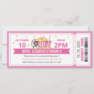 Invitation d'anniversaire billet de cinéma rose