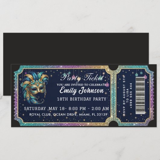 Invitation d'anniversaire billet de fête en or (Devant / Derrière)