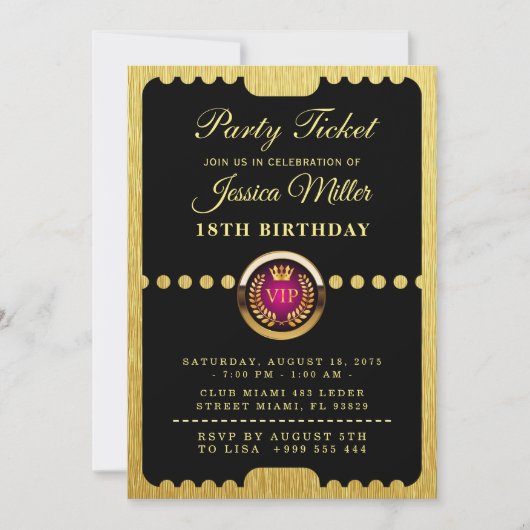 Invitation d'anniversaire billet de fête VIP (Devant)