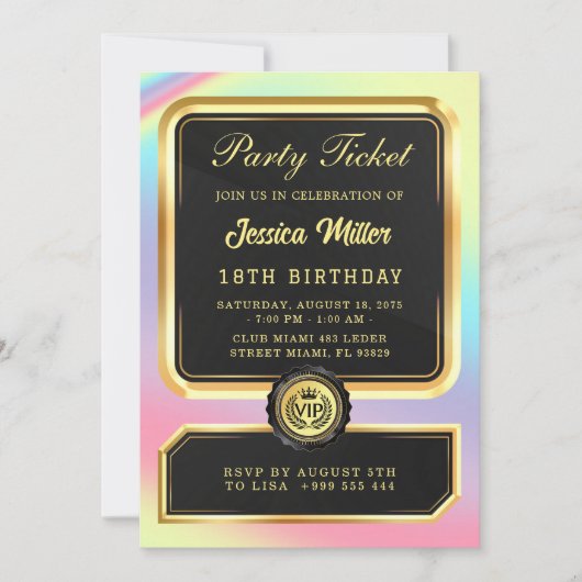 Invitation d'anniversaire billet de fête VIP (Devant)