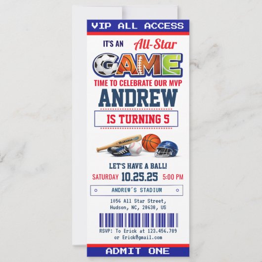 Invitation d'anniversaire Billet de Sport Toutes É (Devant)