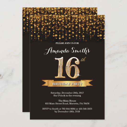 Invitation d'anniversaire Black and Gold Glitt6r (Devant / Derrière)