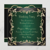 Invitation d'anniversaire Black/Gold & Green Swirl (Devant / Derrière)