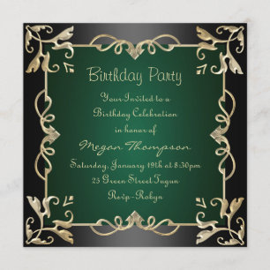 Invitation d'anniversaire Black/Gold & Green Swirl
