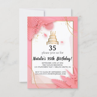 Invitation d'anniversaire blanche et rose 35e