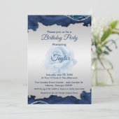 Invitation d'anniversaire bleu et argent (Debout devant)