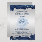 Invitation d'anniversaire bleu et argent (Devant / Derrière)