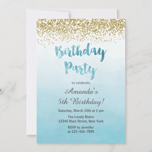 Invitation d'anniversaire bleu et or (Devant)