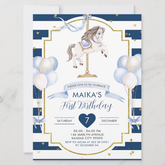 Invitation d'anniversaire bleu et or de la Marine (Devant)