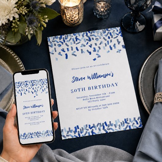 Invitation d'anniversaire bleu marine blanc confet