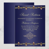 Invitation d'anniversaire Bleu Royal et Feuille d' (Devant / Derrière)