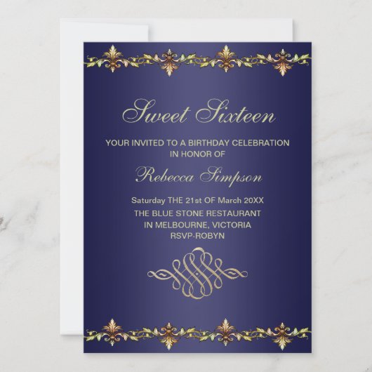 Invitation d'anniversaire Bleu Royal et Feuille d' (Devant)