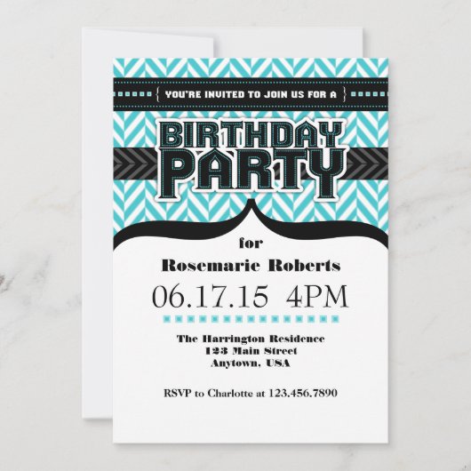 Invitation d'anniversaire bleu turquoise blanc cer (Devant)