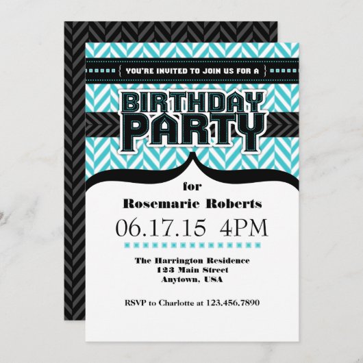 Invitation d'anniversaire bleu turquoise blanc cer (Devant / Derrière)