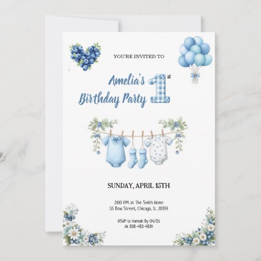 Invitation d'anniversaire BLEUE LA PLUS MIGNONNE (Devant)