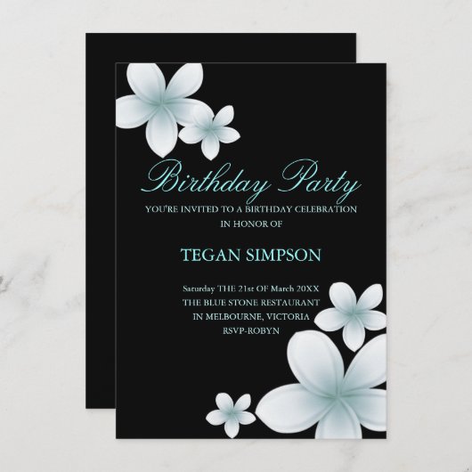 Invitation d'anniversaire Blue & Black Frangipani (Devant / Derrière)