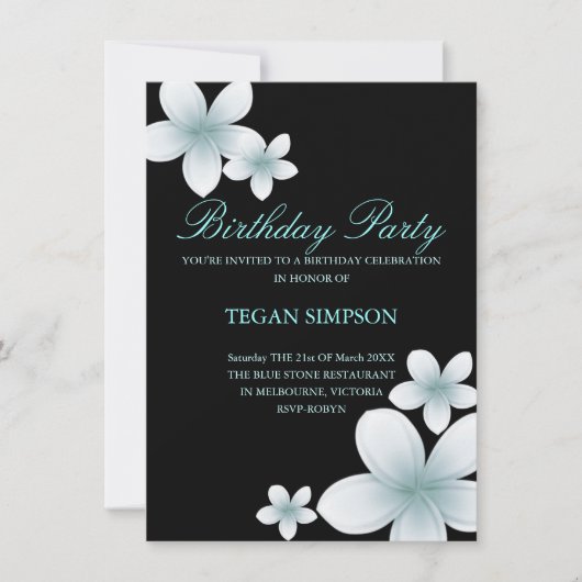 Invitation d'anniversaire Blue & Black Frangipani (Devant)
