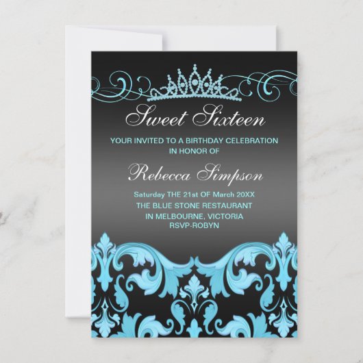 Invitation d'anniversaire Blue/Black Sweet16 Damas (Devant)