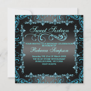 Invitation d'anniversaire Blue/Black Sweet Sixteen