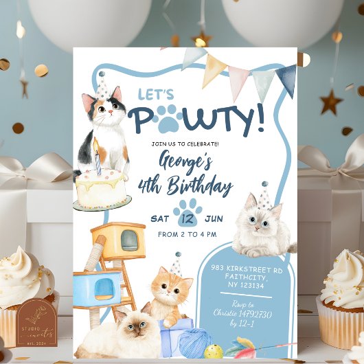 Invitation d'anniversaire Blue Cat let's Pawty Boy