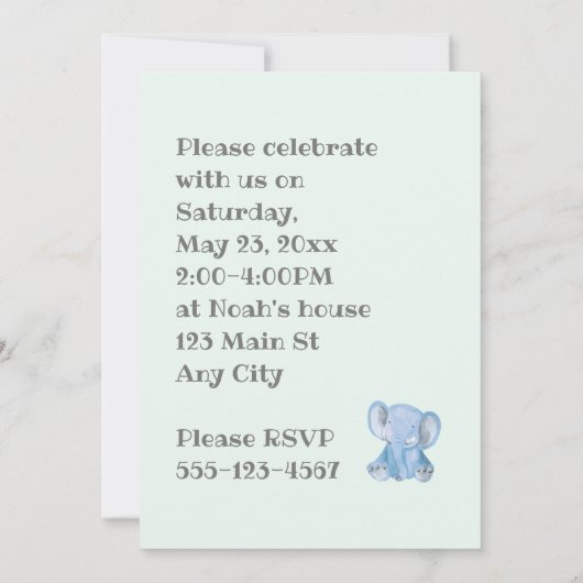 Invitation d'anniversaire Blue Elephant (Dos)
