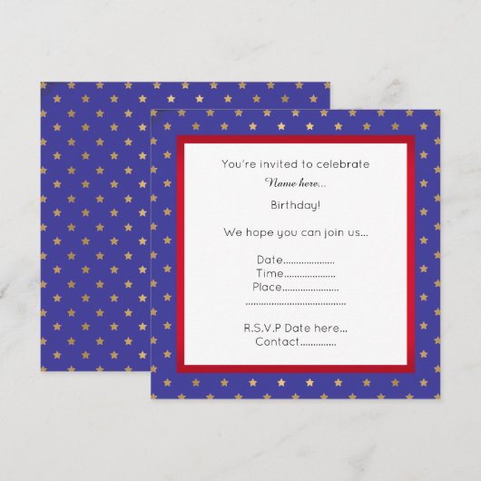 Invitation d'anniversaire Blue & Gold Star (Devant / Derrière)