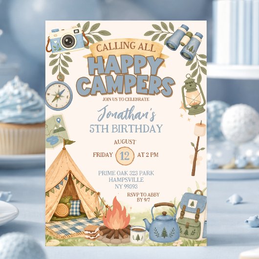 Invitation d'anniversaire Blue Happy Campers