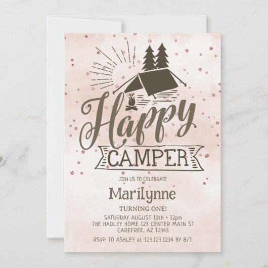 Invitation d'anniversaire bohème Happy Camper (Devant)